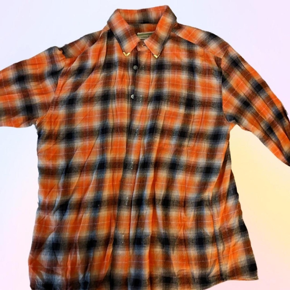 Vintage Incept orange flannel button up shirt with gold collar tips, size large